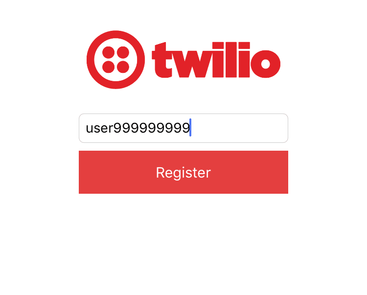 Twilio logo above a registration form with a username field and register button.
