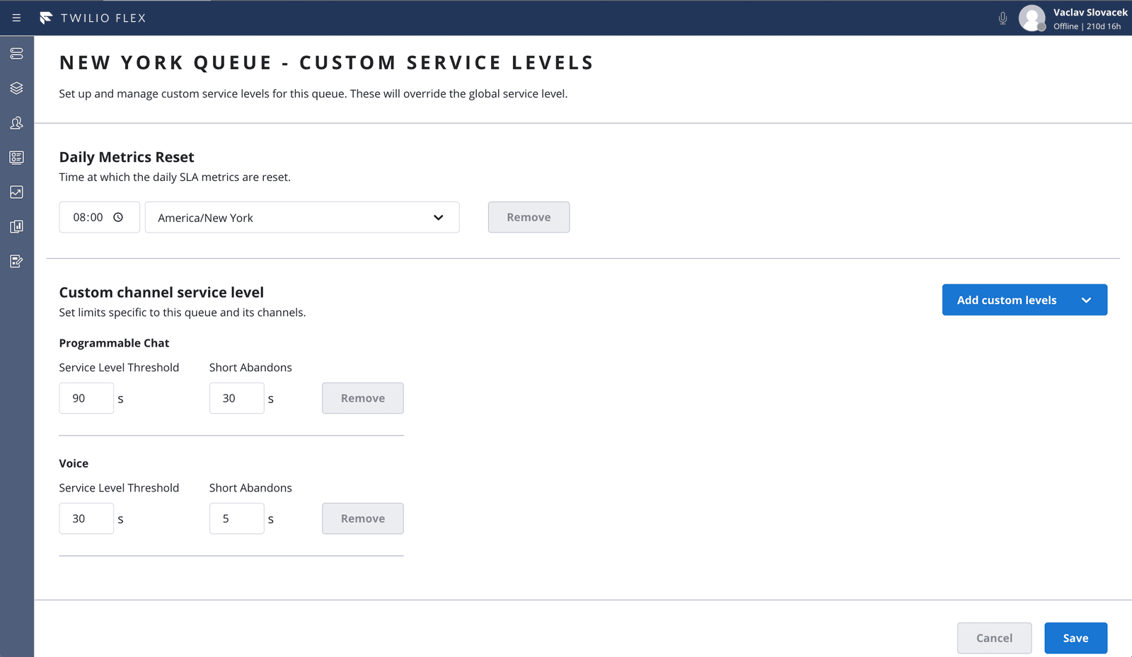 New York queue custom service levels with daily metrics reset at 08:00 and thresholds for chat and voice.