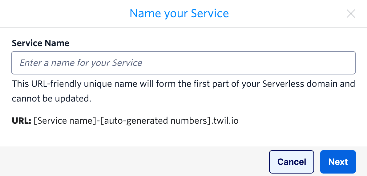 Form to enter a unique service name for serverless domain URL.