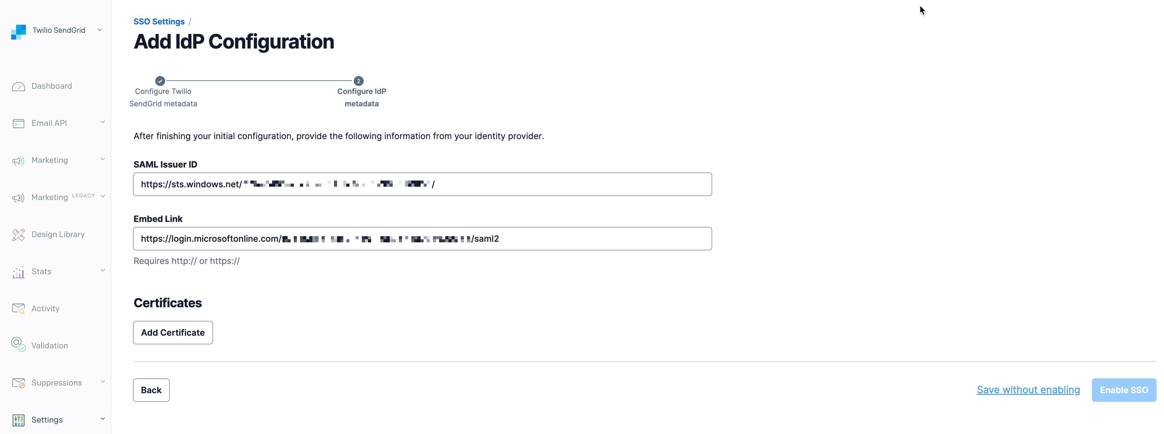 The Twilio SendGrid SSO App page with complete IdP values.