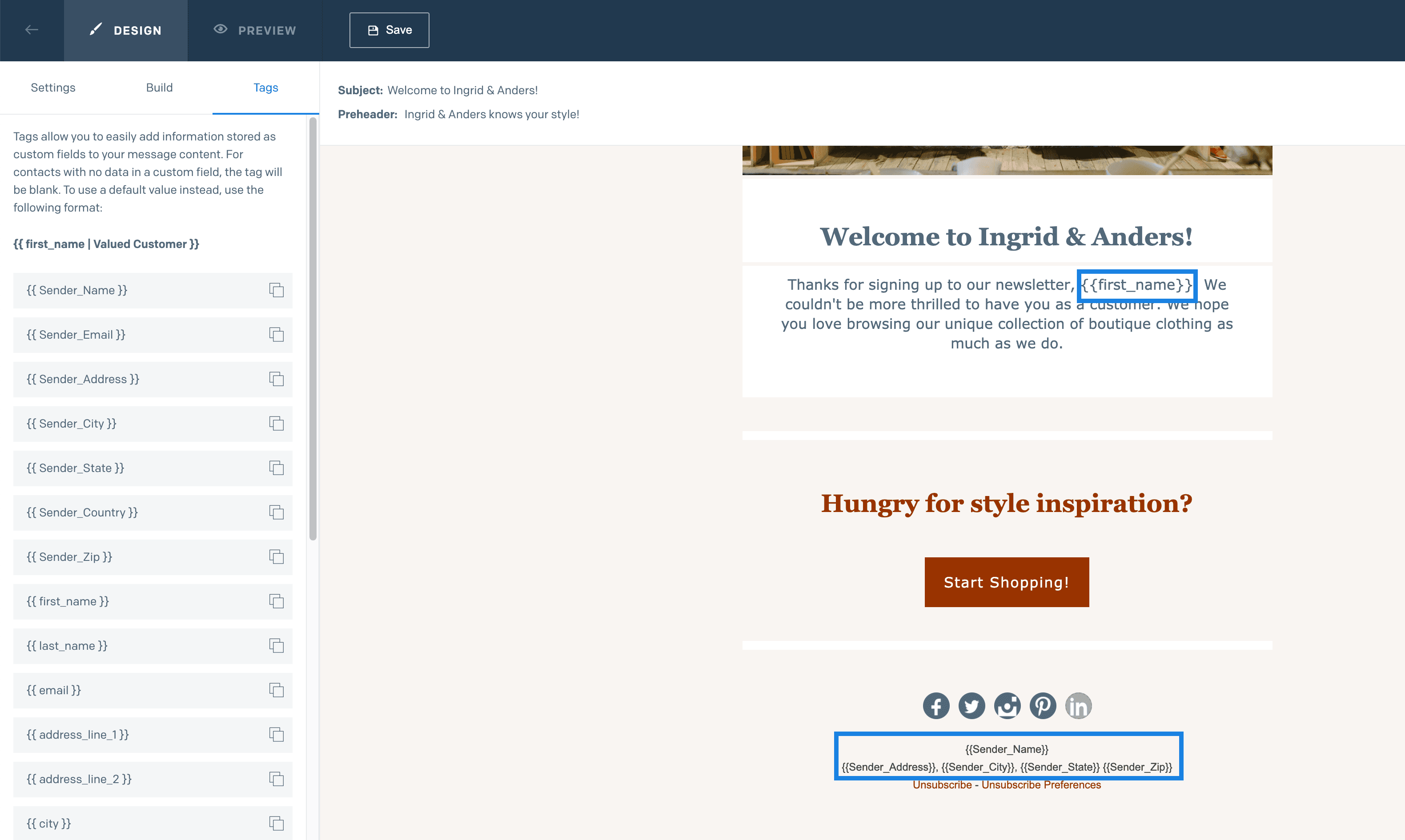 Email template with first_name and address substitution tags in text fields.