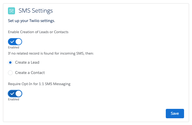 Twilio SMS settings with options to create leads or contacts and opt-in for messaging.