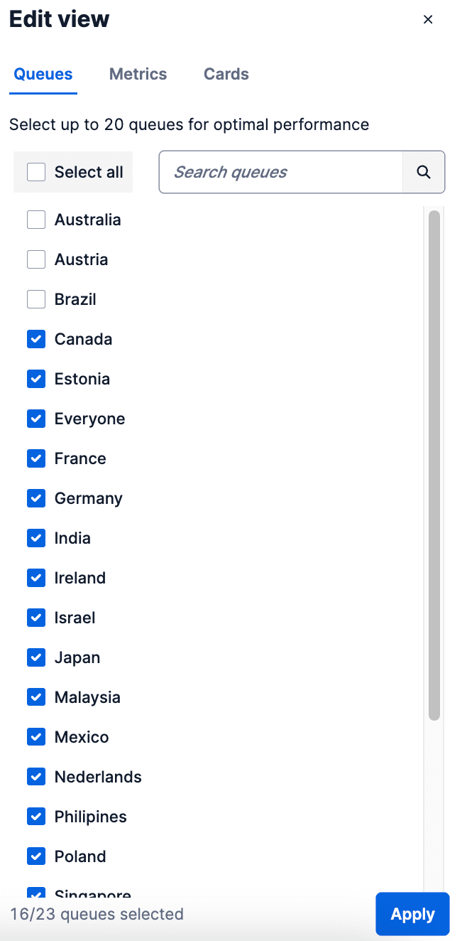 Queue selection interface with countries and search bar, 16 of 23 queues selected.