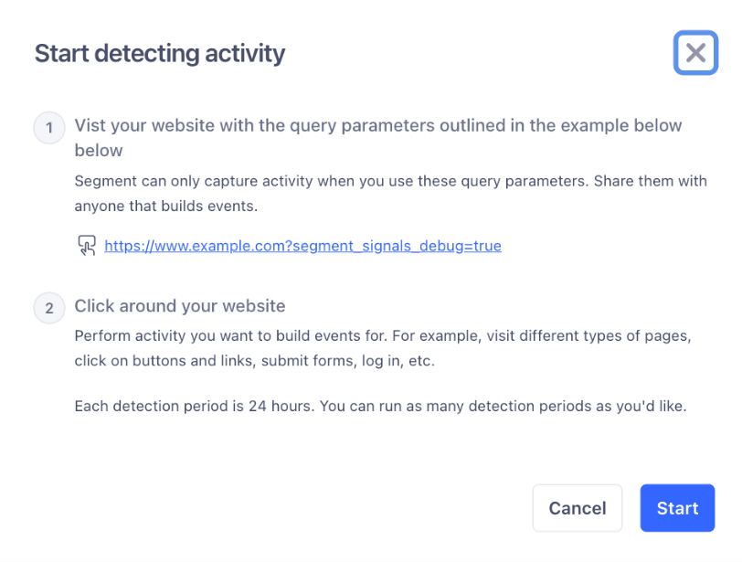 Prompt in the Event Builder showing how to start detecting activity by visiting the website with a debug query parameter and interacting with the app.