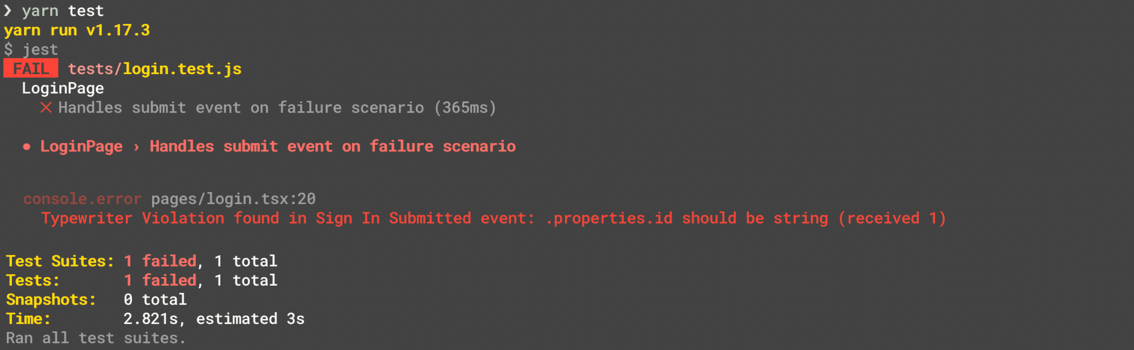 Example unit tests failing because of violations.