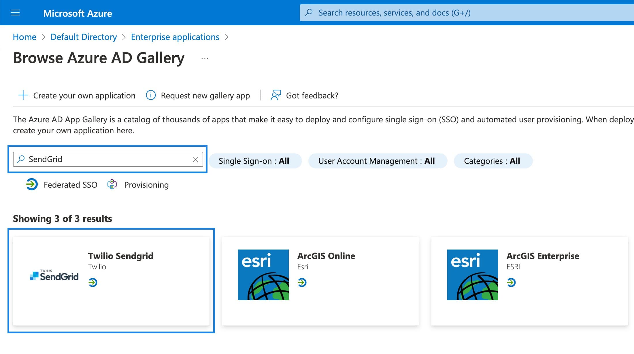 Search results for SendGrid in Azure AD Gallery showing Twilio SendGrid app.