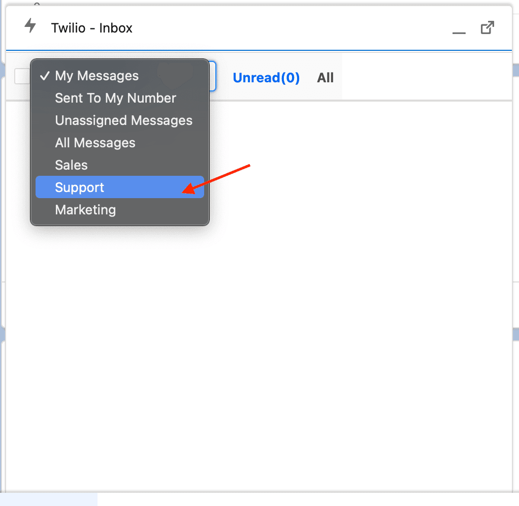 Dropdown menu in Twilio Inbox with 'Support' selected.