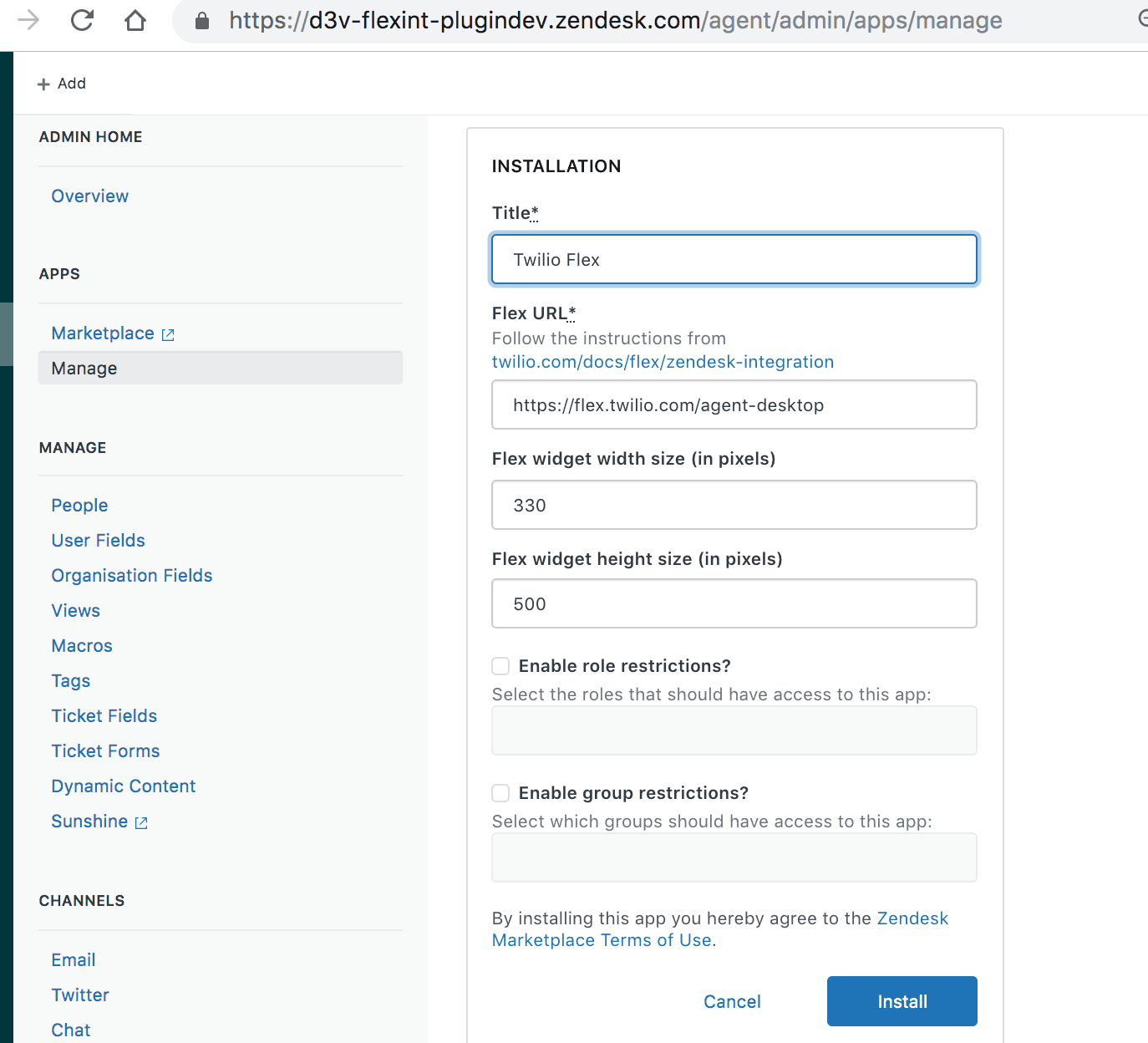 Zendesk app installation form for Twilio Flex with URL and widget size fields.
