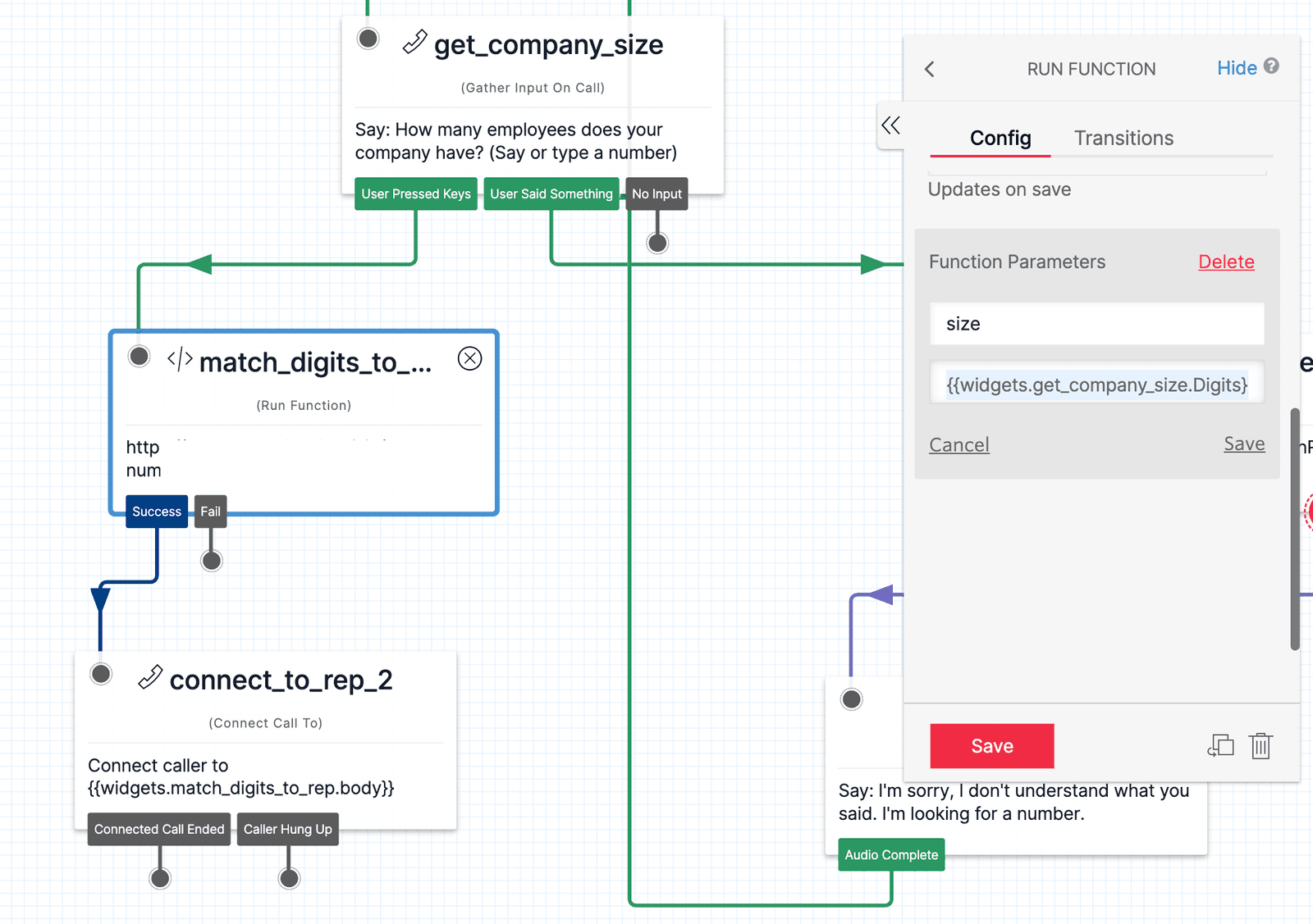 Twilio Studio Tutorial Route Leads Connect To Rep From Digits using Run Function and Connect Call To widgets On Canvas.