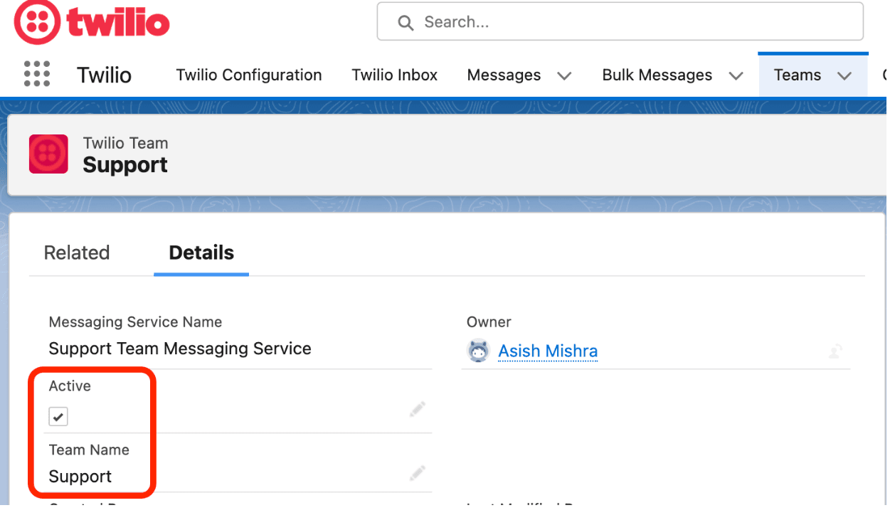 Twilio Support team details with active status checked.