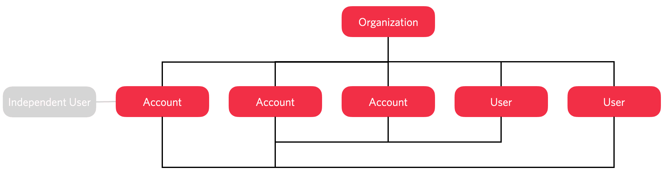 Organization structure with accounts and users, independent user linked to one account.