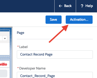 Arrow pointing to Activation button on Salesforce contact record page.