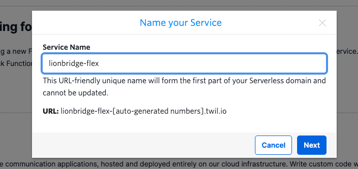 Service naming form with input 'lionbridge-flex' and URL preview.