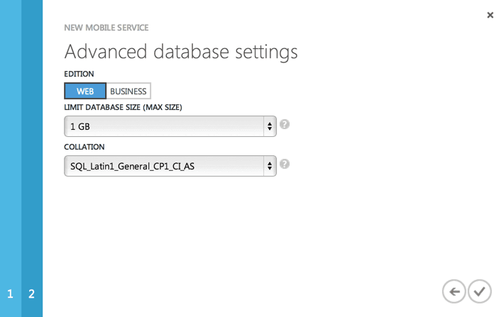 Advanced database settings with options for edition, size, and collation.