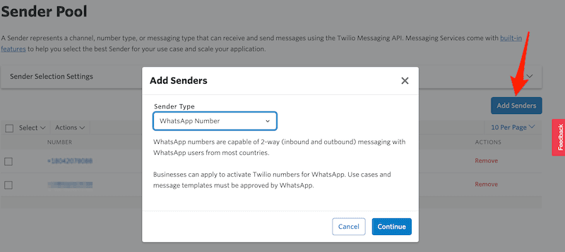 Dialog for adding WhatsApp number to sender pool in Twilio Messaging Service.