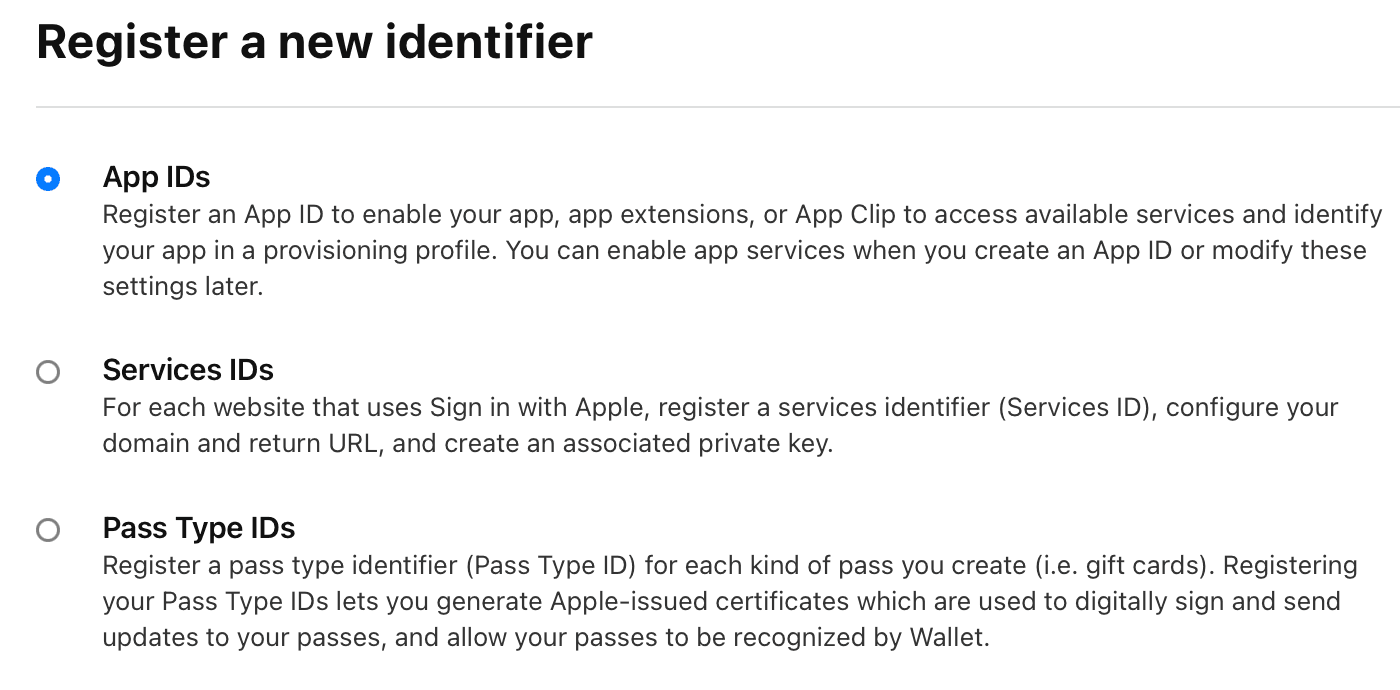 Register a new identifier screen with options for App IDs, Services IDs, and Pass Type IDs, including descriptions.