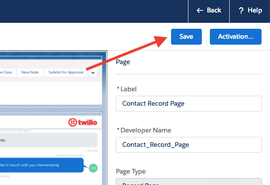 Arrow pointing to Save button on Salesforce Contact Record Page setup.