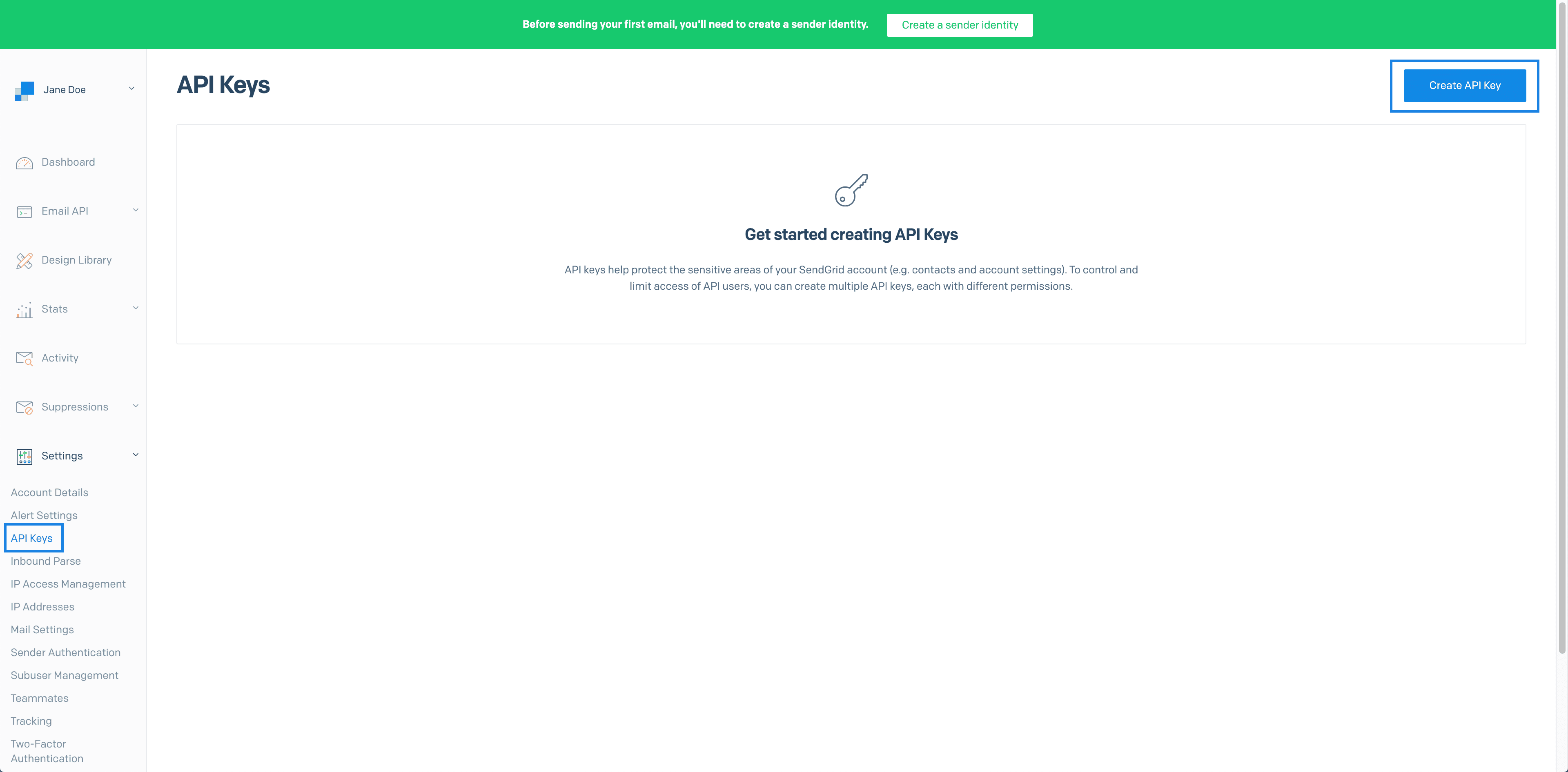 SendGrid API Keys page with create API key button highlighted.