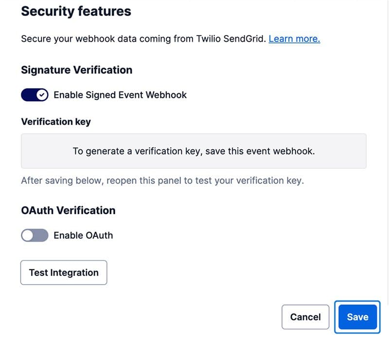 Security features panel with options for enabling signed event webhook and OAuth verification.