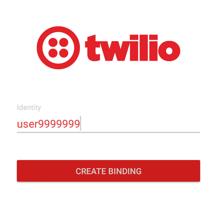 Twilio logo above identity input with 'user9999999' and 'Create Binding' button.