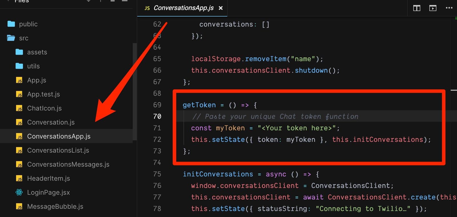 Code snippet showing getToken function with placeholder for chat token.