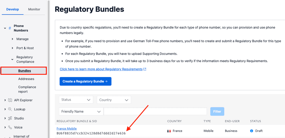 Regulatory Bundles page showing France Mobile bundle with SID BU6f8835d7cb324128d87ddd2d27e636.