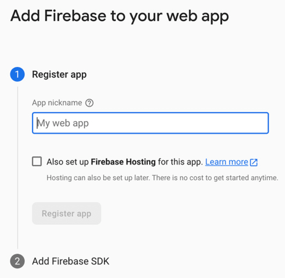 Firebase setup step 1, register app with nickname 'My web app' and optional hosting setup.