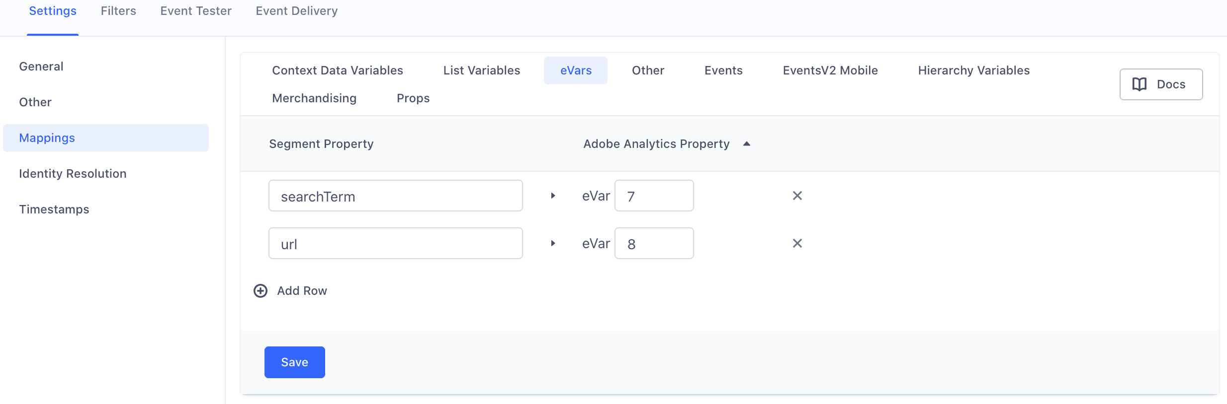 A screenshot of the Adobe Analytics settings page in Segment, with the Mappings section selected and two sample mappings under the eVars tab.