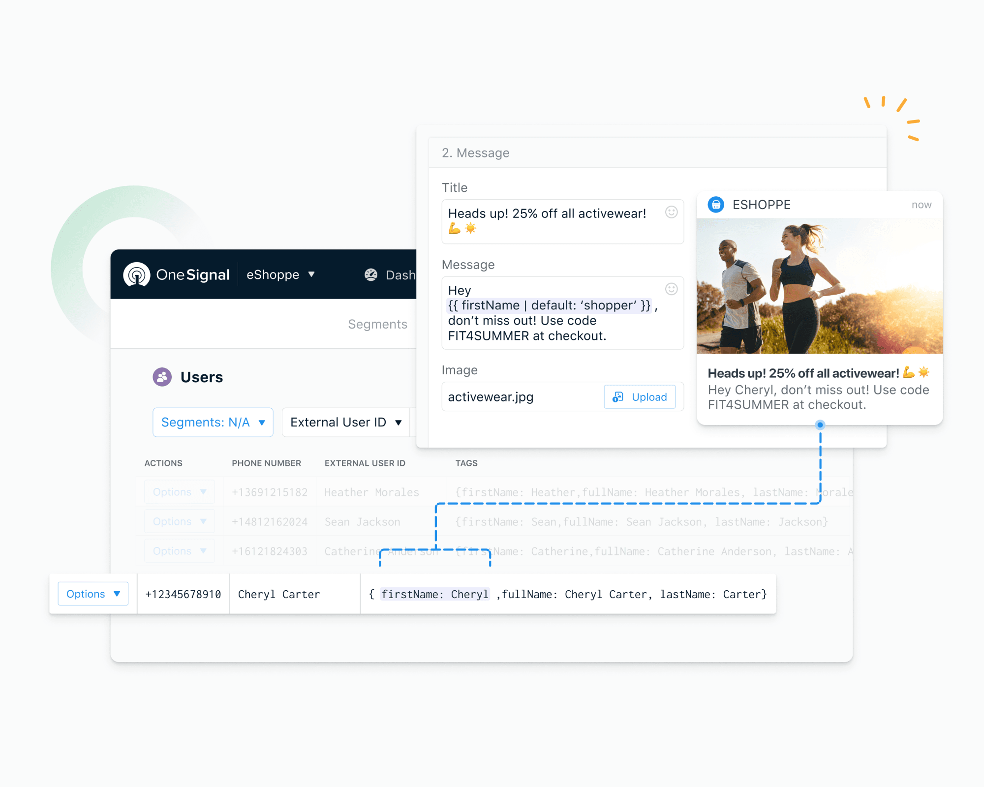Screenshot of the OneSignal dashboard showing a notification for an 'eShoppe' campaign.