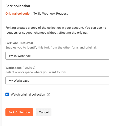 Form to fork Twilio Webhook collection with fields for fork label and workspace selection.