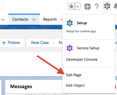 Salesforce setup menu with arrow pointing to Edit Page option.