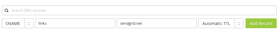 Cloudflare DNS record entry with CNAME links to sendgrid.net.