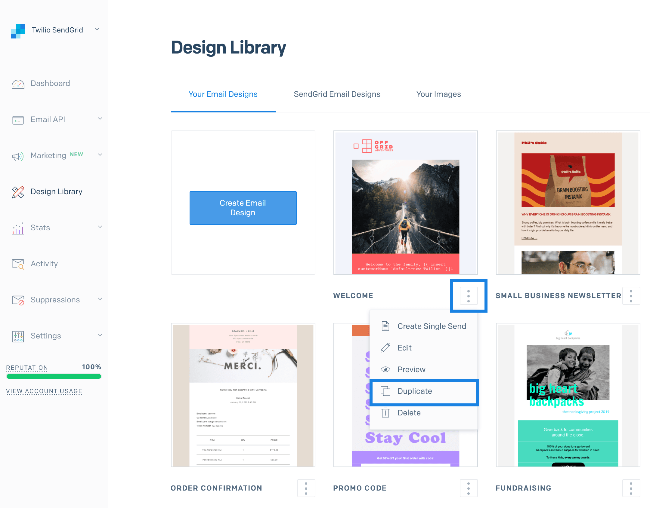 The design duplication menus highlighted in the Design Library.