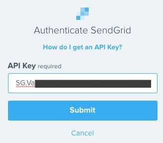 SendGrid authentication form with API key entry field and submit button.