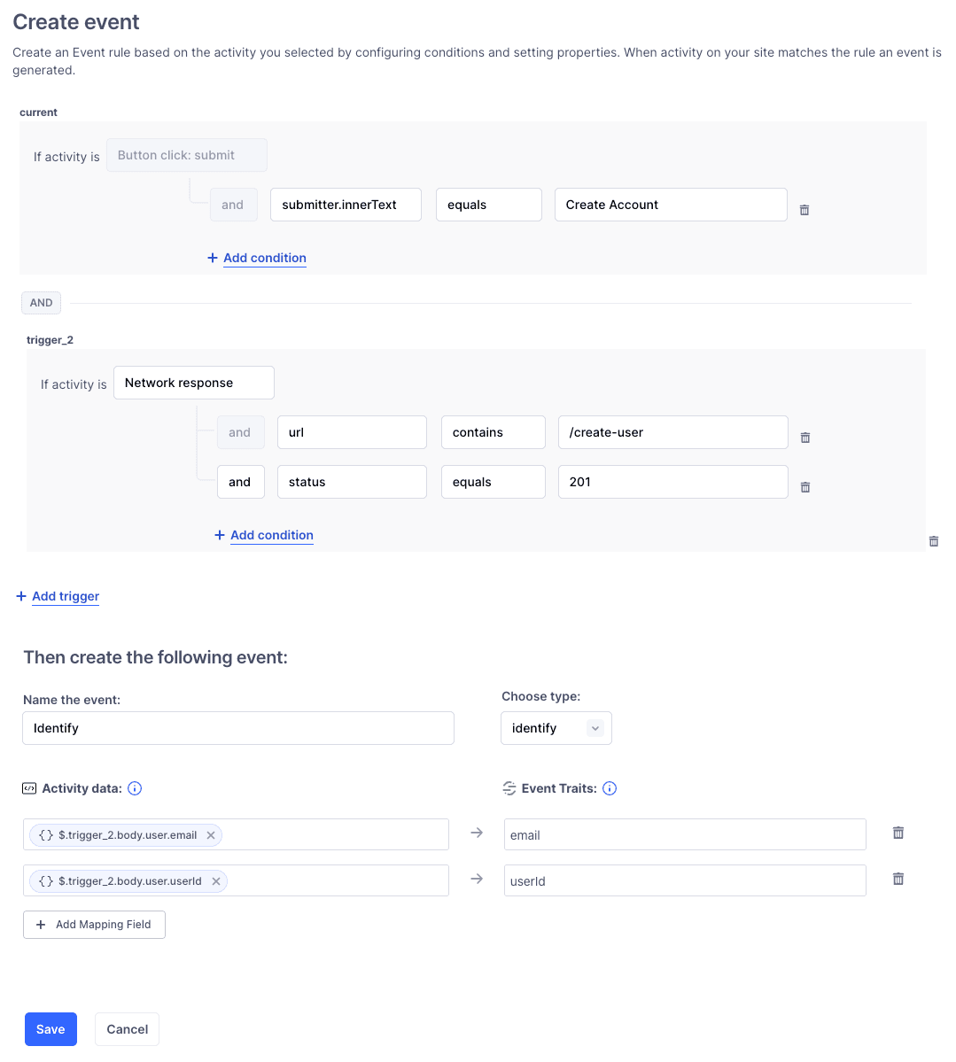 Identify event rule combining UI and network triggers.