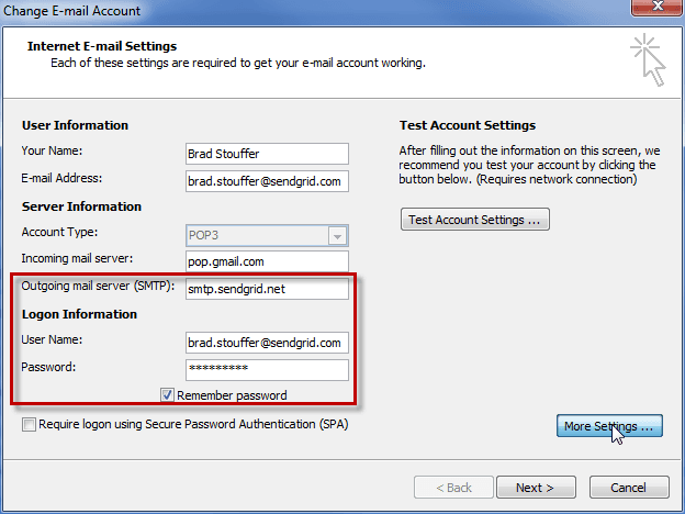 Outlook 2007 email account settings with SMTP server smtp.sendgrid.net.