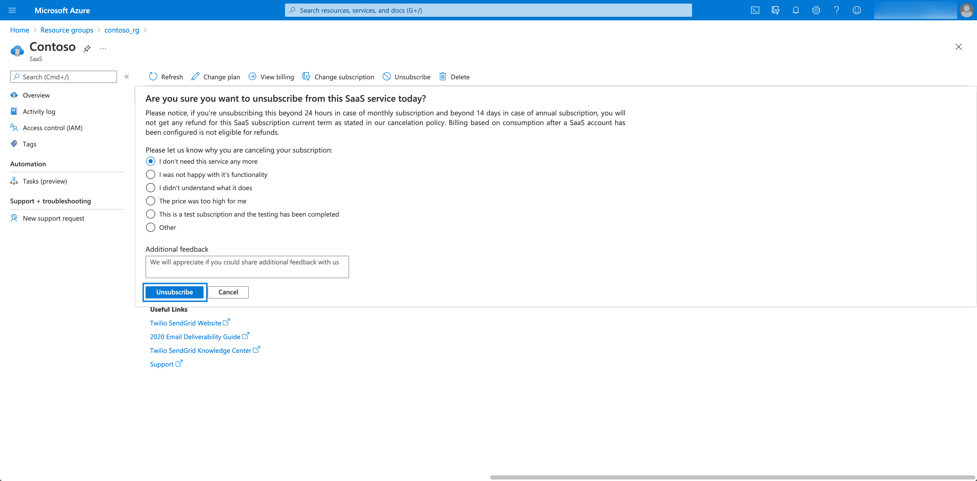 Azure unsubscribe confirmation with feedback options for SaaS service.
