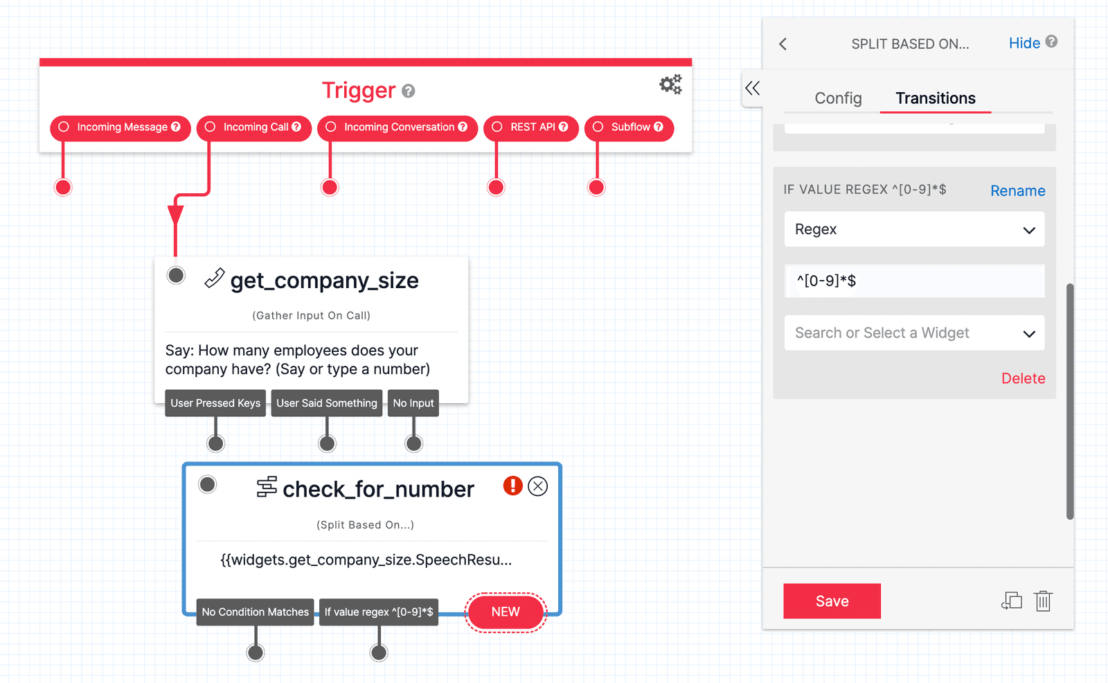 Twilio Studio Route leads using Split Based On... widget to check SpeechResult from get_company_size widget.