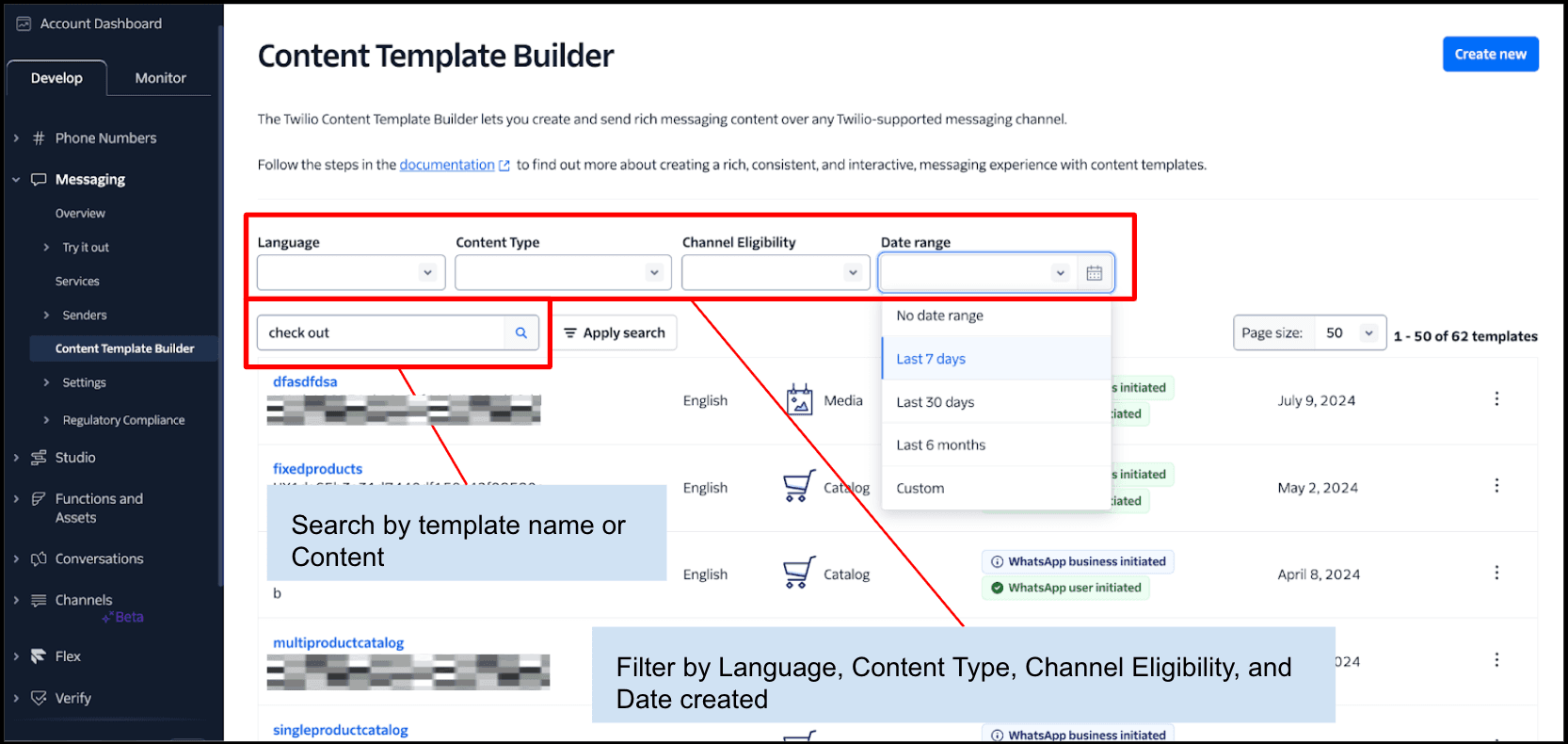 Content Template search UI screenshot.