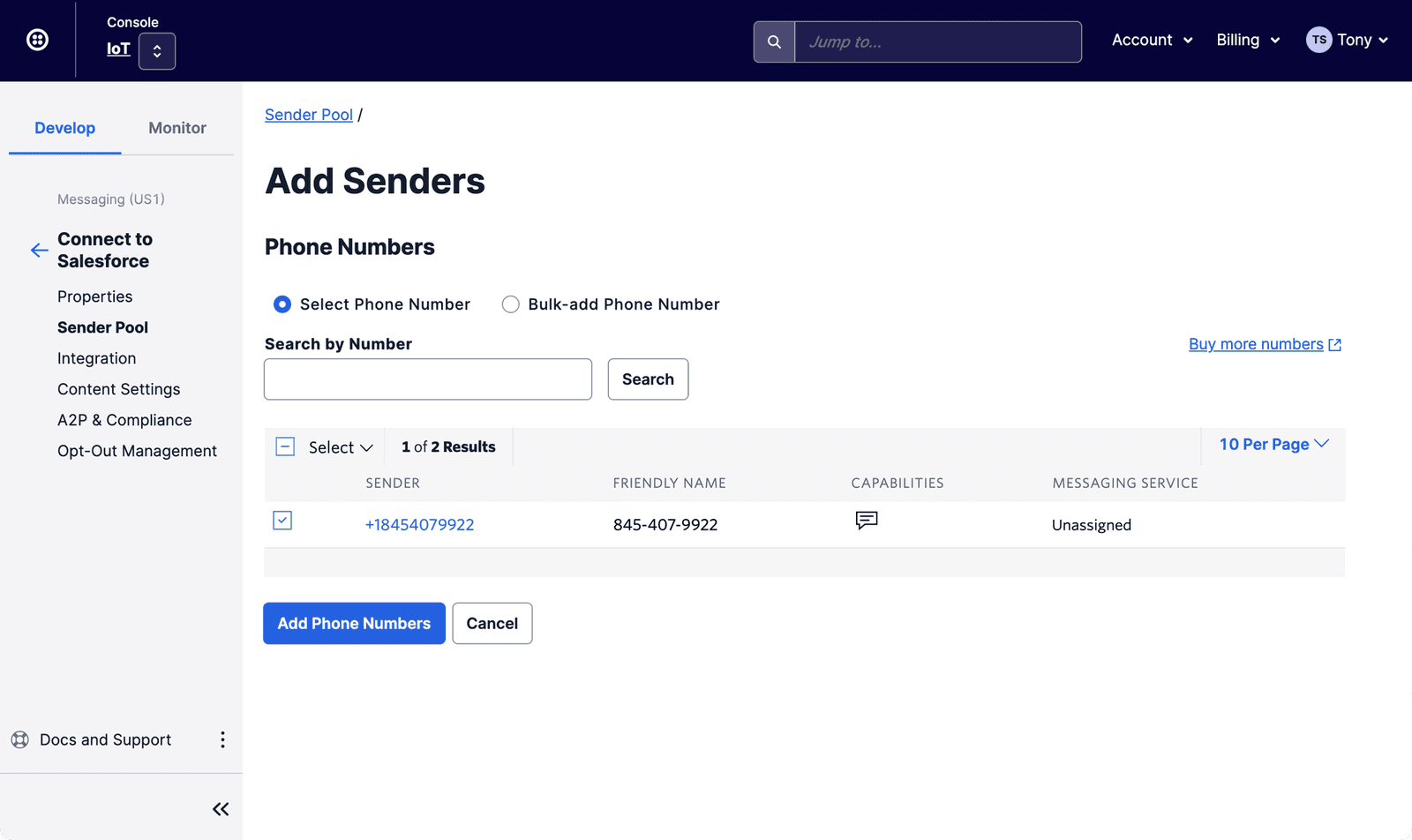 Add senders screen in Twilio for Salesforce with phone number selection options.