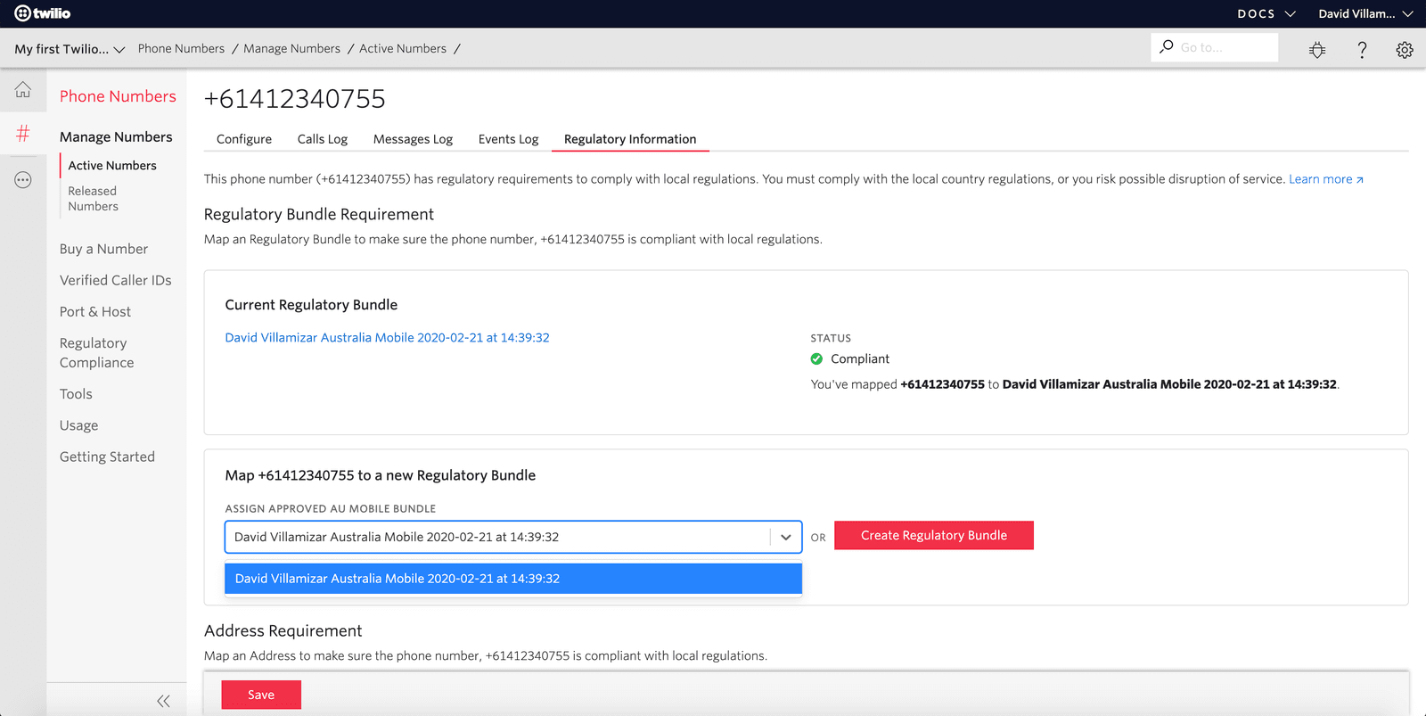 Regulatory bundle mapping for phone number +61412340755 with compliant status.