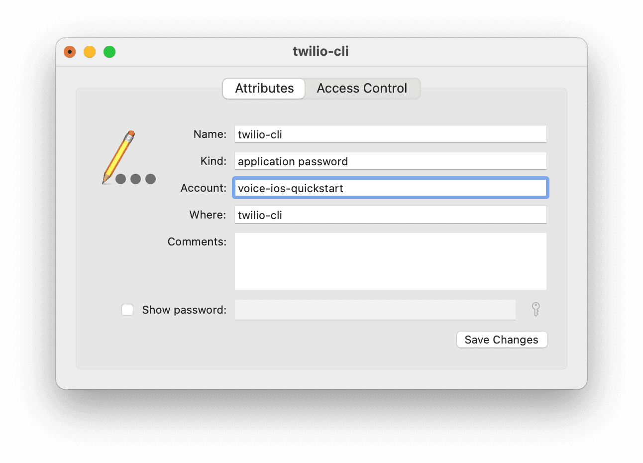 Twilio CLI application password settings showing fields for name, kind, account, and where, with an option to show password.