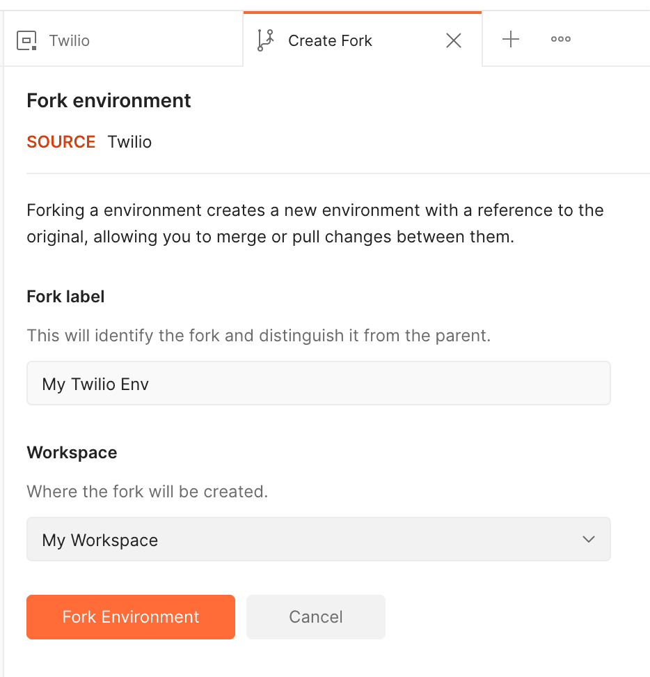 Form for creating a fork environment with fields for fork label and workspace.