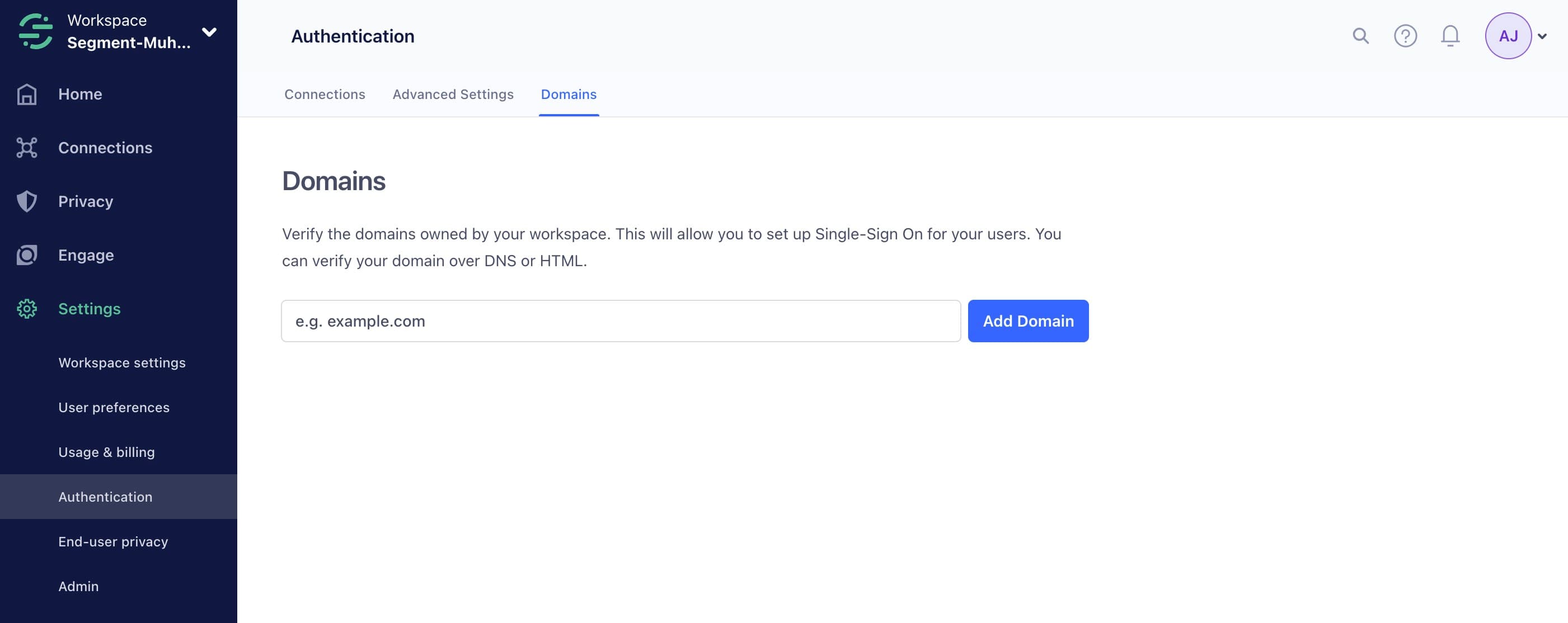 Screenshot of the Domains page under the Authentication section of the Workspace Settings.