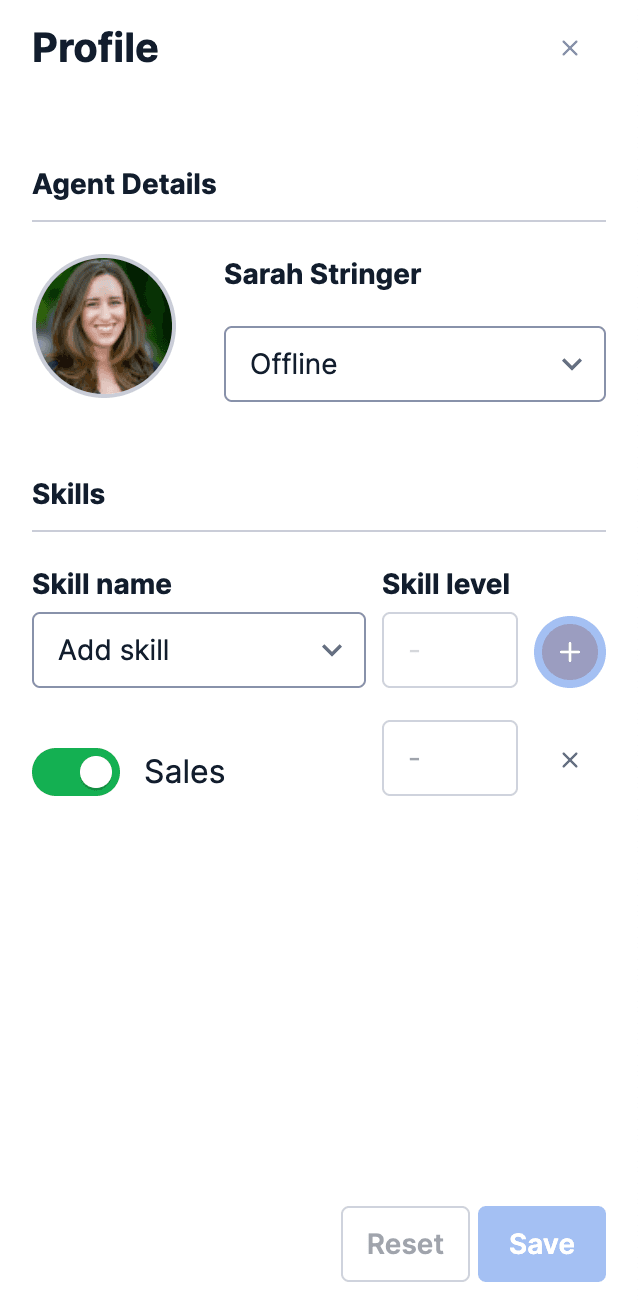 Profile of agent Sarah Stringer with sales skill and offline status.