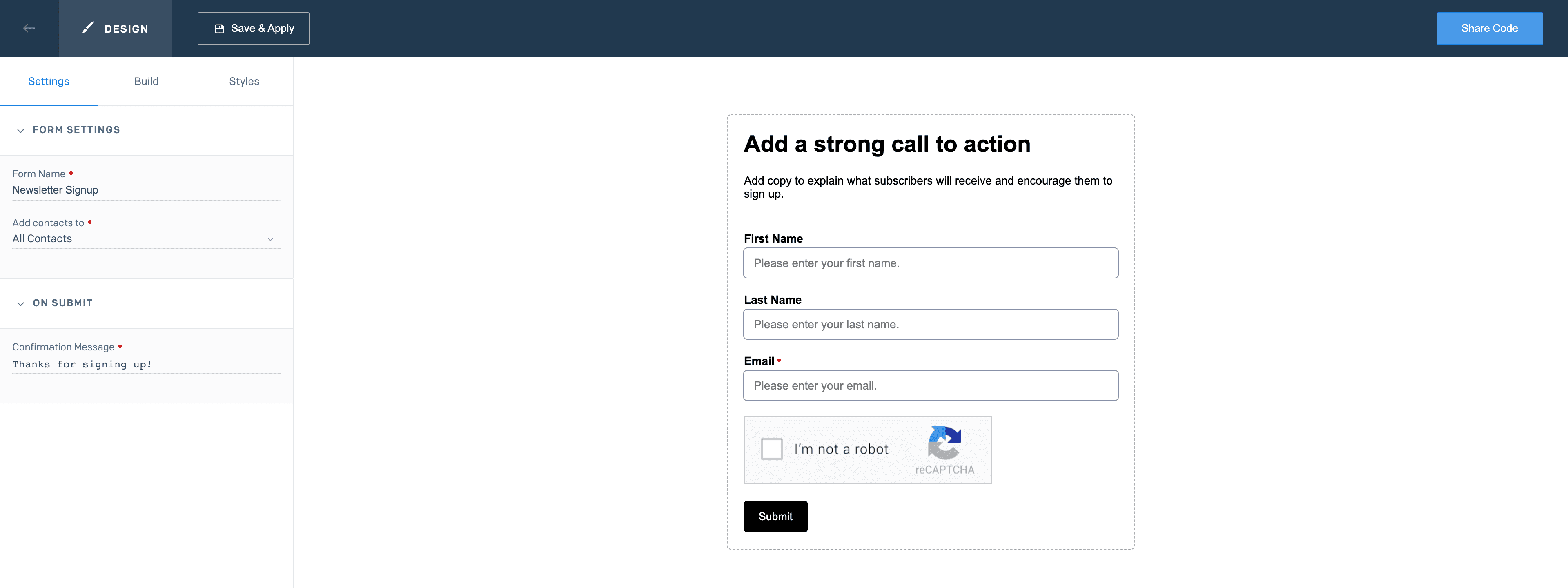 Signup form share options with landing page link and direct embed code.