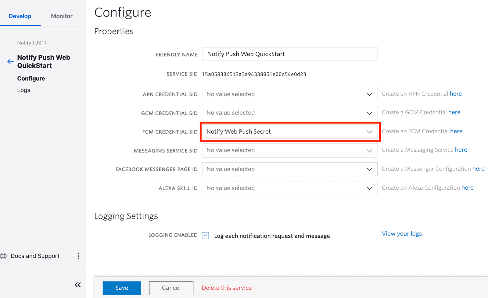 Notify Push Web QuickStart configuration with FCM Credential SID set to Notify Web Push Secret.