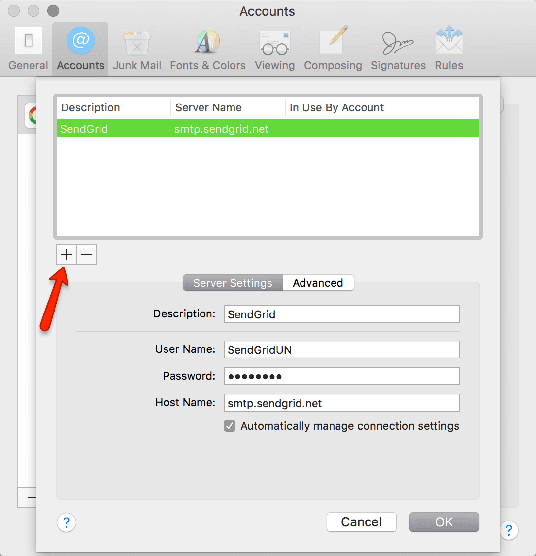Apple Mail accounts window with plus button highlighted to add SMTP server.