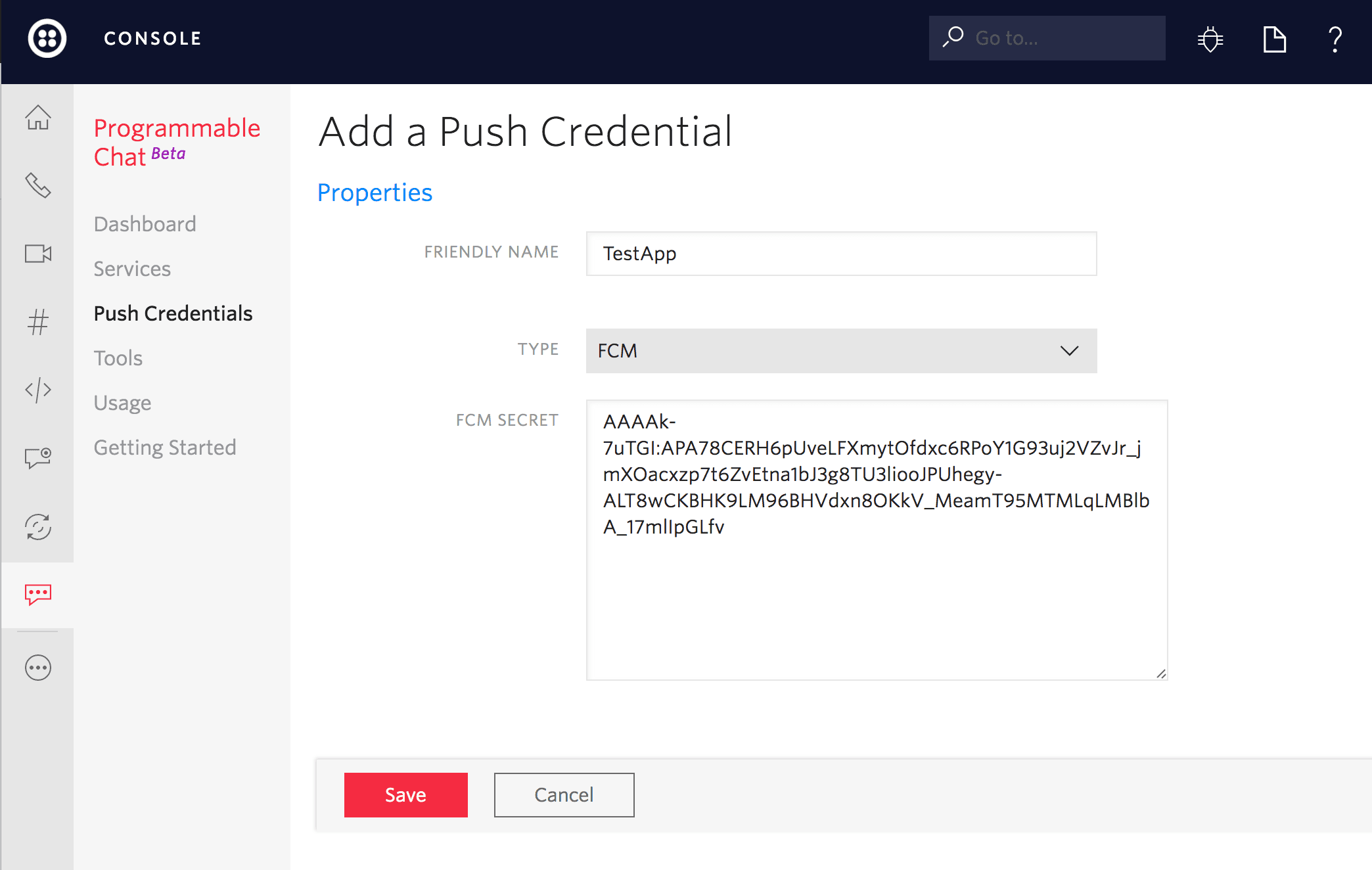 Console interface for adding an FCM push credential with fields for friendly name and FCM secret.