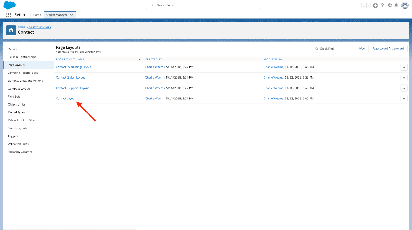 Salesforce contact page layout with mobile and lightning actions highlighted.